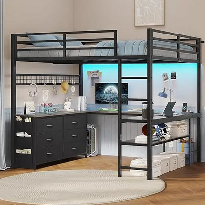 Full Size Loft Bed With U-Shaped Desk, 6 Drawers and Power Outlet