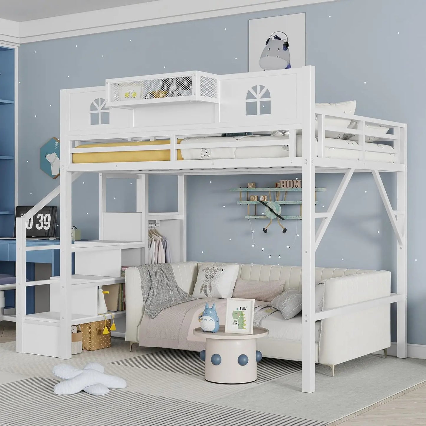 Full Size Metal Loft Bed w/Stairs, Shelf & Storage