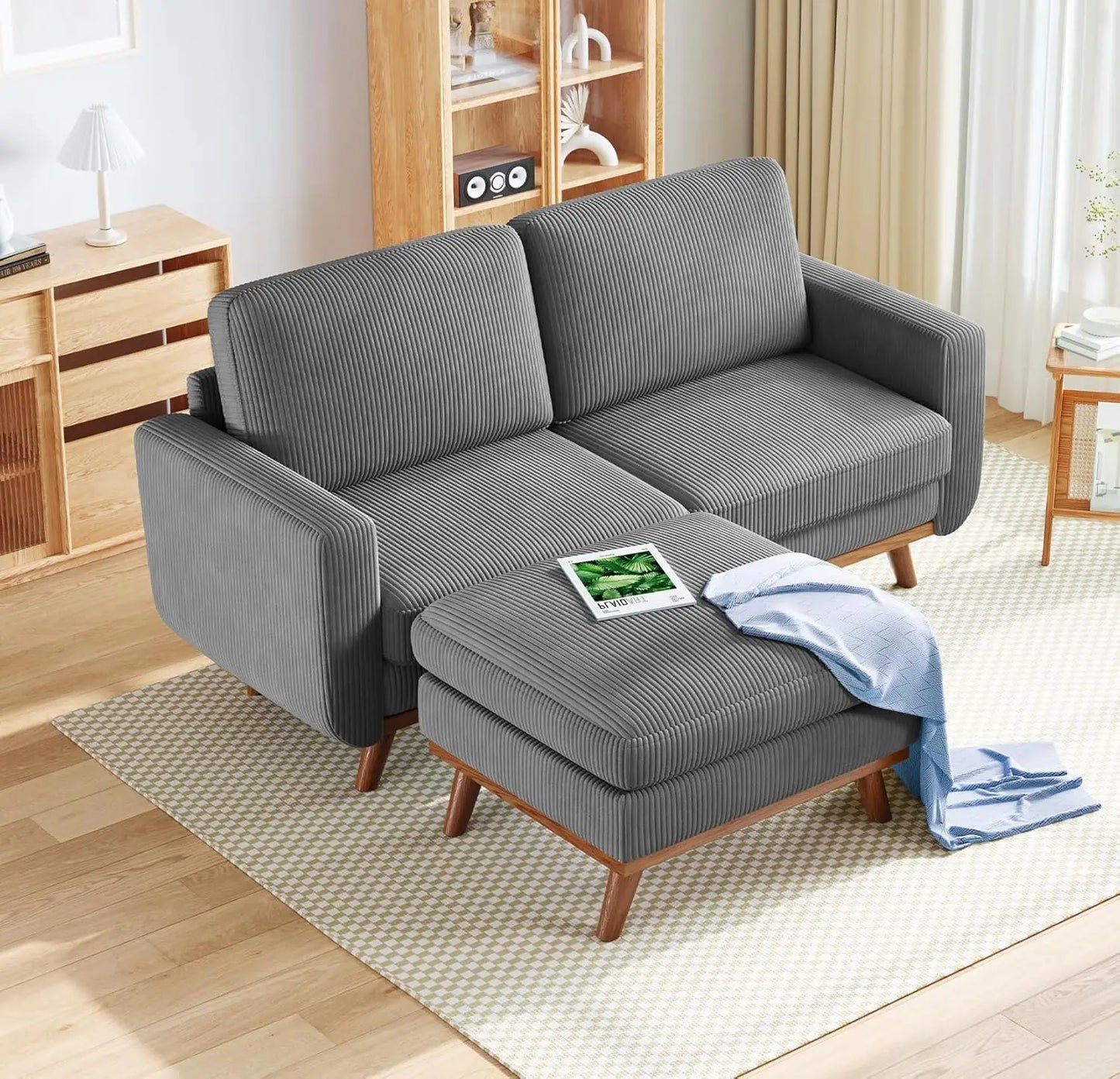 3-Seat Corduroy L-Shape Modular Sofa with Movable Ottoman,