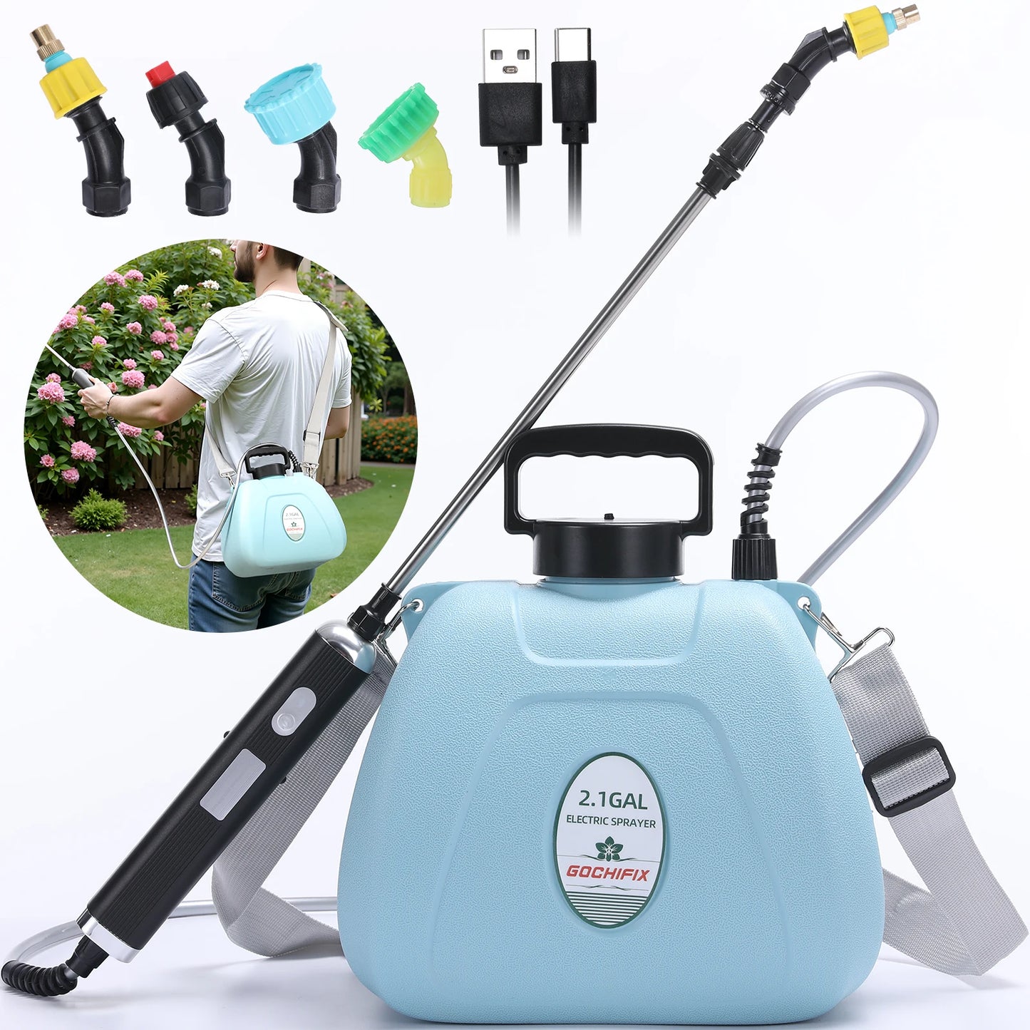 2.1 Gallon Electric Garden Sprayer w/Adjustable Shoulder Strap & 2000mAh Battery