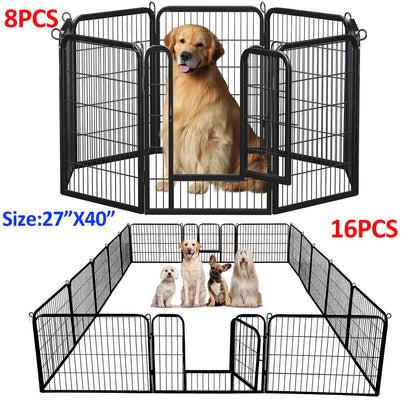 Outdoor/Indoor Foldable Metal Pet Fence w/Door, Heavy Duty