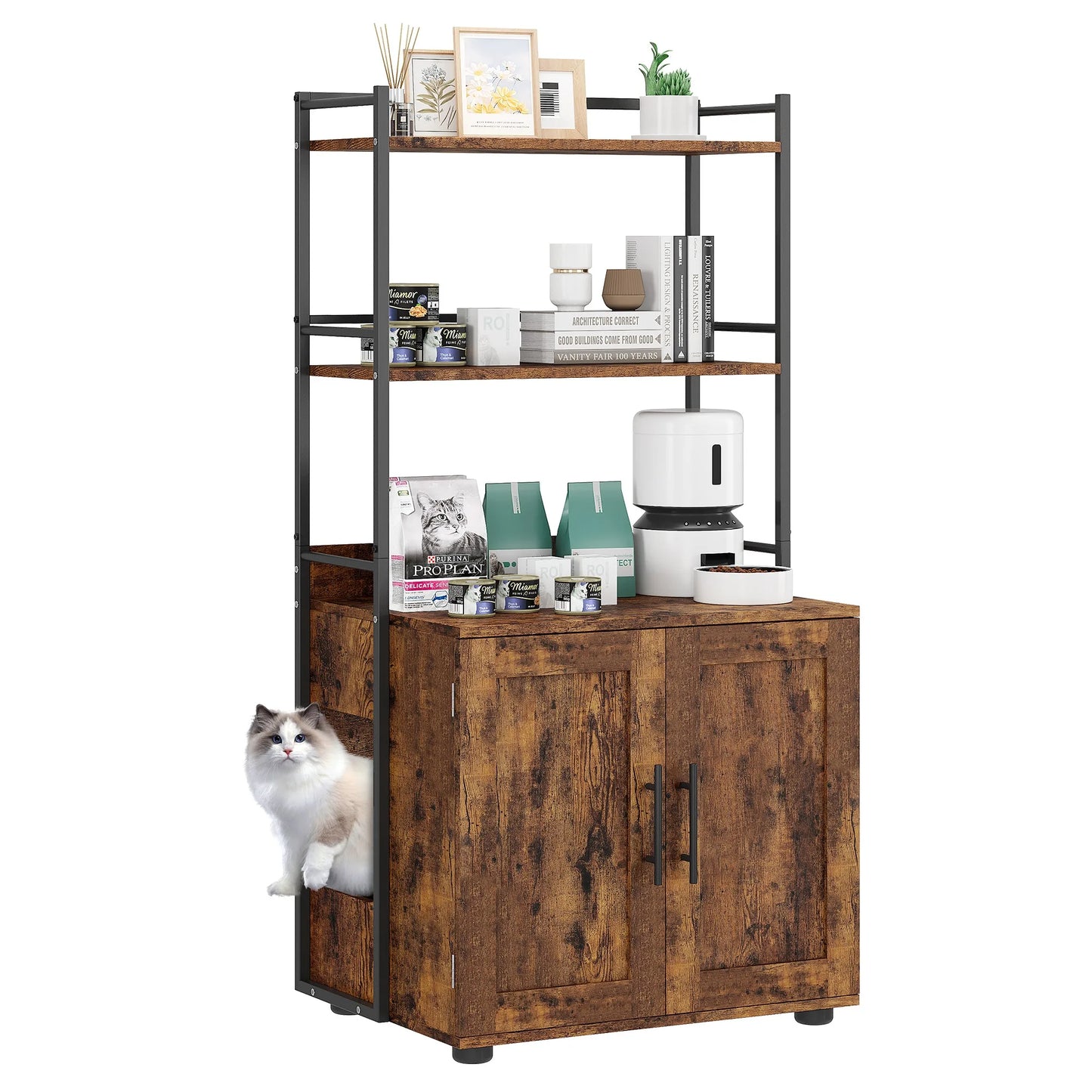 Cat Litter Box Enclosure w/2-Tier Storage Shelves & Doors