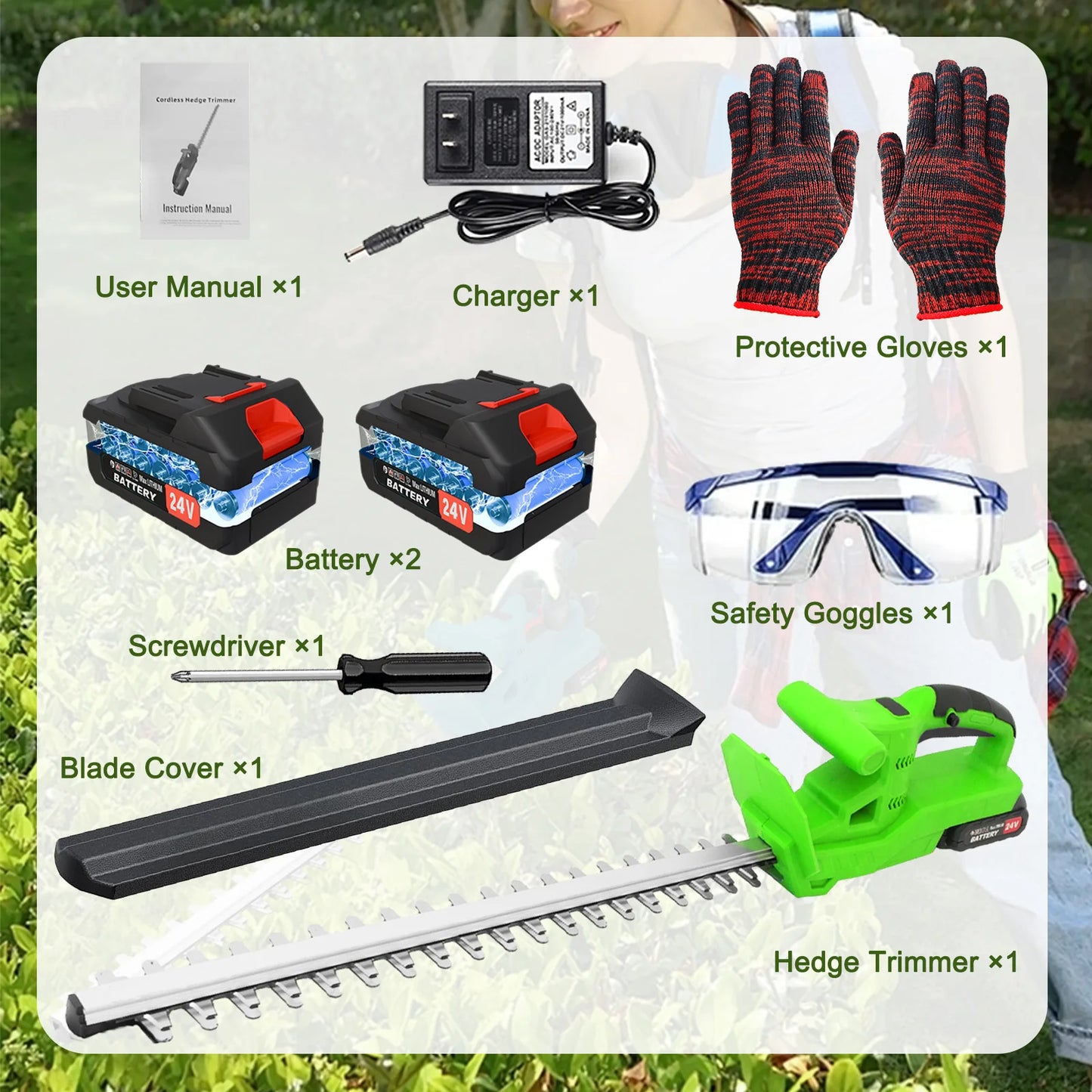 20-Inch Cordless Electric Hedge Trimmer, Double Blade, Handheld