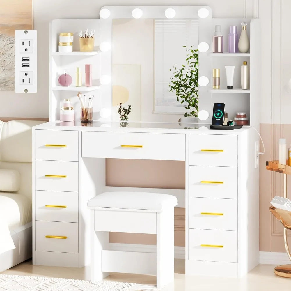 Hollywood Style Makeup Vanity with Glass Top, Power Outlet, Stool & 9 Drawers