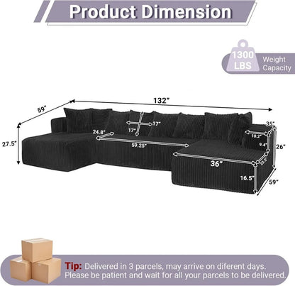 Modular Corduroy Sectional Couch with Deep Seat & 8 Pillows