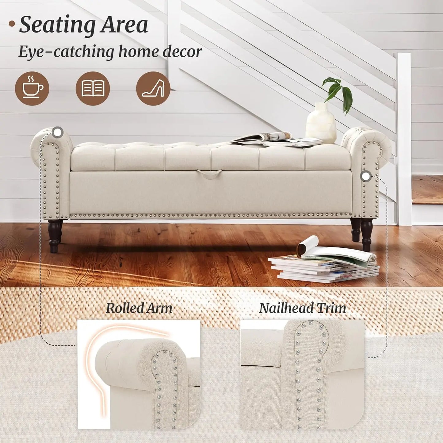 Rolled Arm Storage Bench Ottoman with Button Tufted