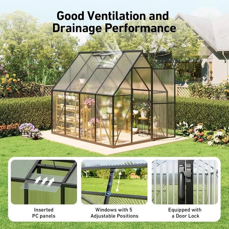 Small Polycarbonate Walk-in Greenhouse w/Vented Roof & Windproof Aluminum Frame