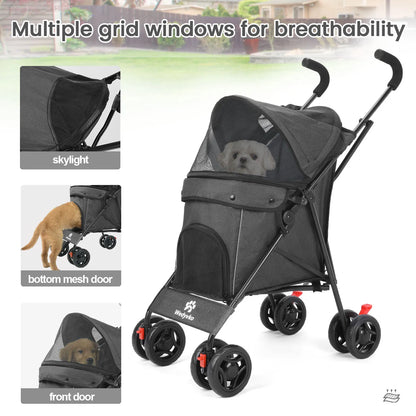 Pet Stroller 4 Wheel Stroller Rotate with Brakes & Storage