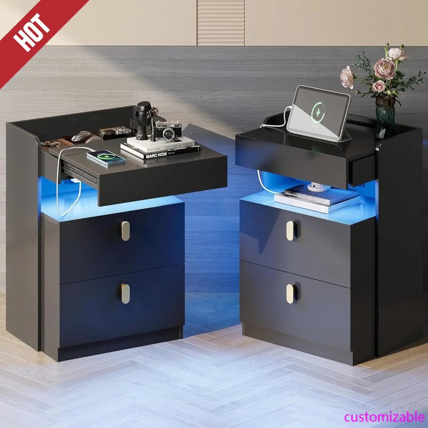 Nightstand, with LED Lights, Set of 2