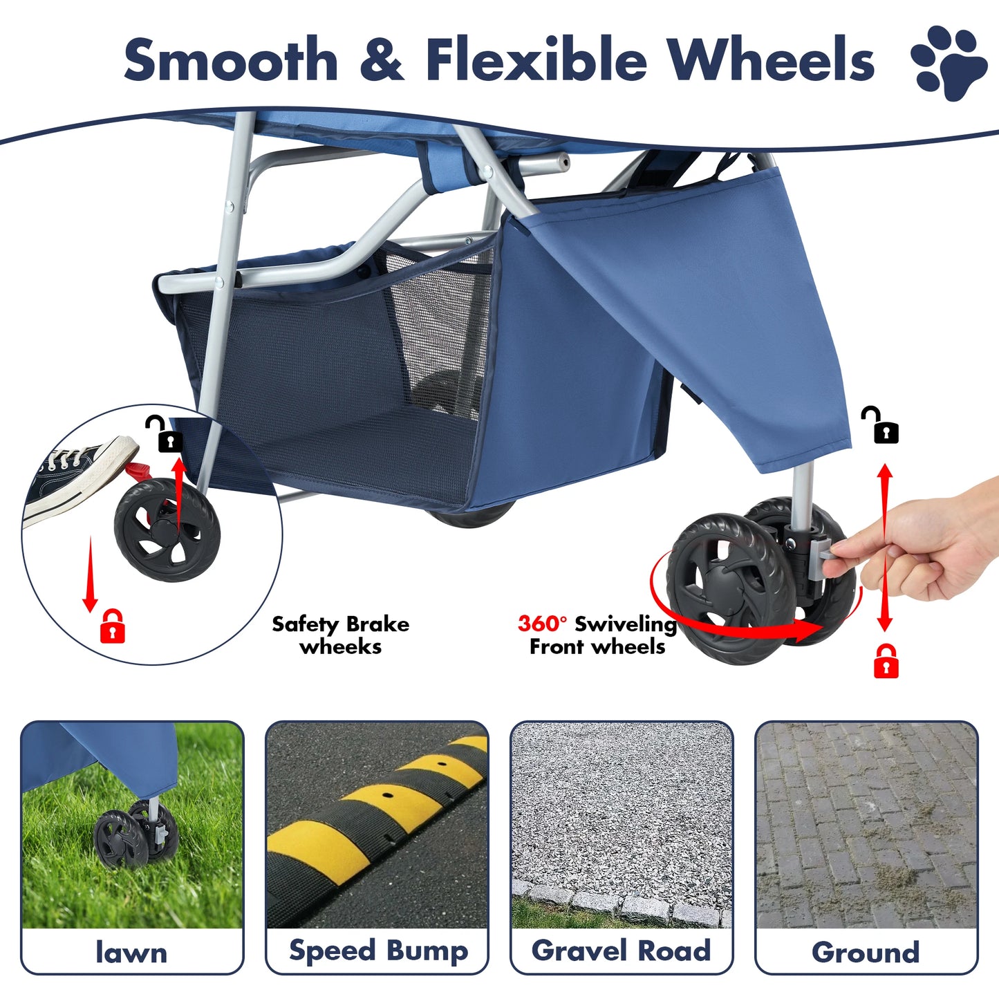 3 Wheel Foldable Pet Stroller for Small Dogs & Cats, Mesh Windows