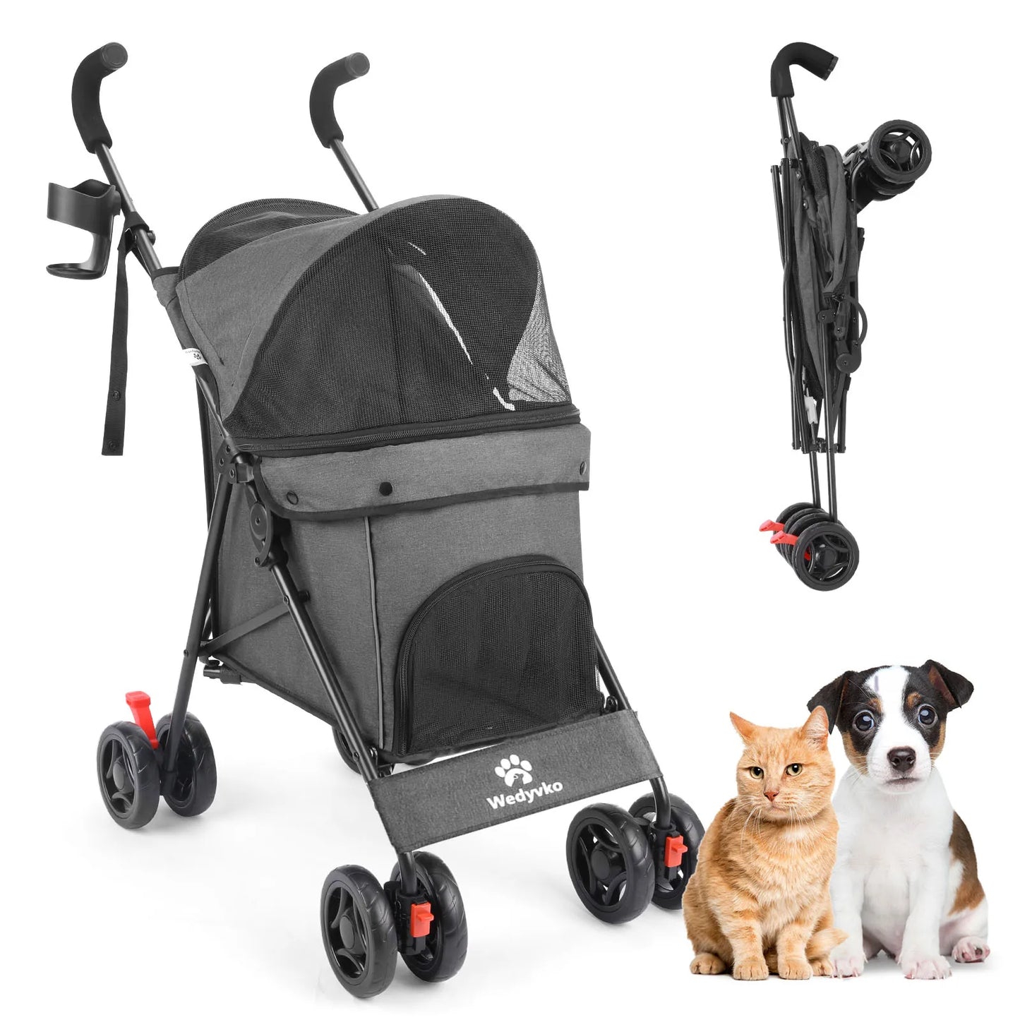 Pet Stroller 4 Wheel Stroller Rotate with Brakes & Storage
