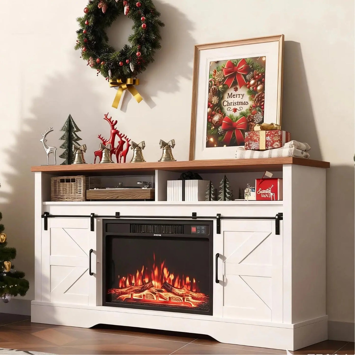 Farmhouse Fireplace TV Stand for up to 80 Inch TV, 70" Entertainment Center with Electric Fireplace & LED Strip,, Customized