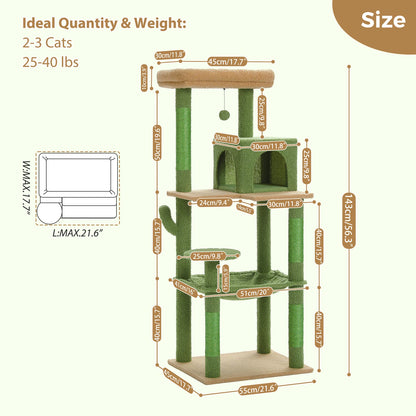 Cactus Tree Cat Tower with Hammock and Large Top Perch