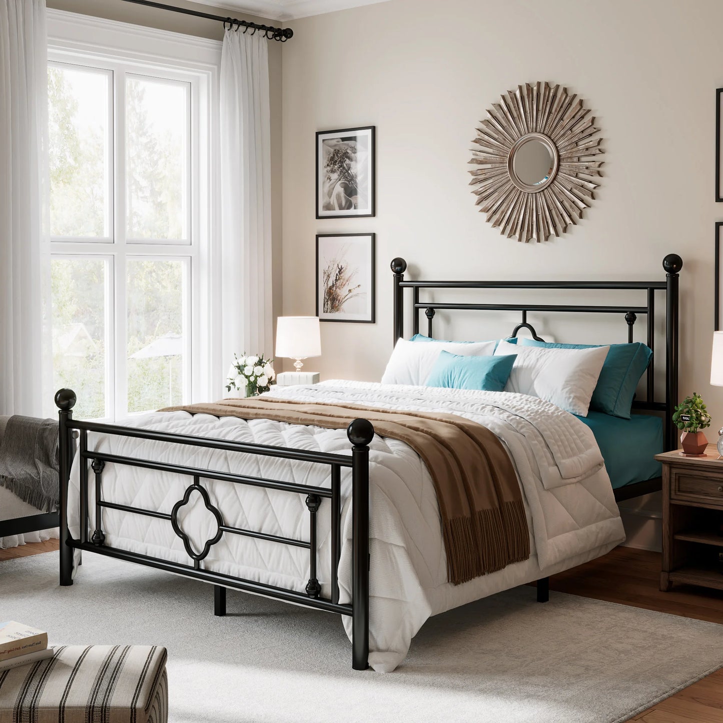 Vintage Victorian Style Metal Platform Bed Frame with Head & Footboard