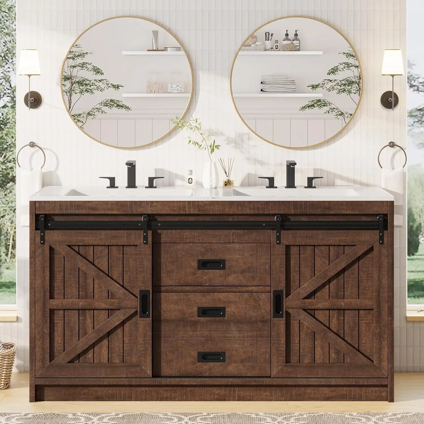 61" Farmhouse Double Bathroom Vanity w/Dual Basin Sink & Storage Cabinet