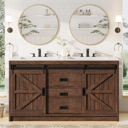 61" Farmhouse Double Bathroom Vanity w/Dual Basin Sink & Storage Cabinet