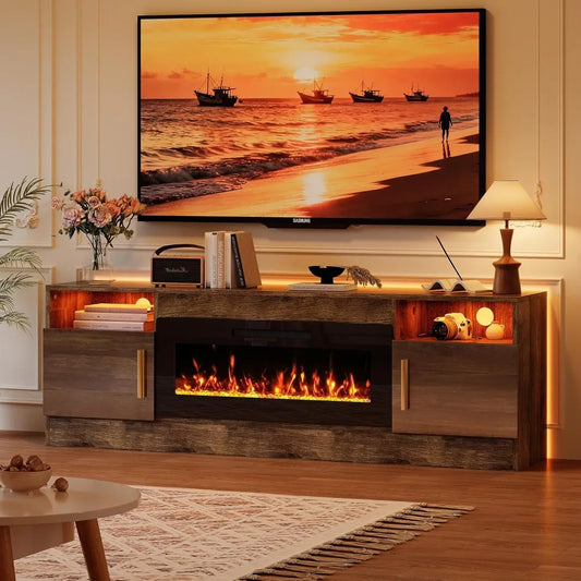 70'' TV Media Entertainment Center with Fireplace, Modern LED