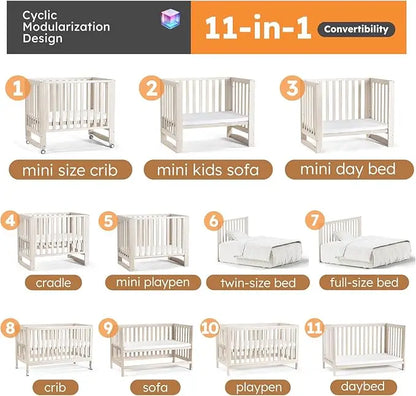 11-in-1 Convertible Crib, with 4 Mattress Heights,