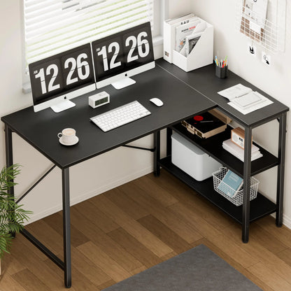 L Shaped Computer Corner Desk with Reversible Storage Shelves