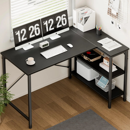 L Shaped Computer Corner Desk with Reversible Storage Shelves