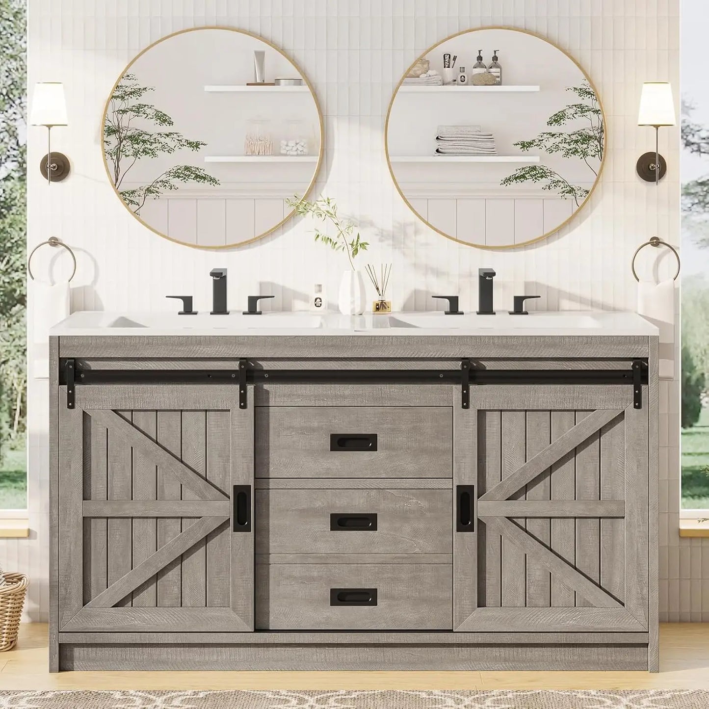 61" Farmhouse Double Bathroom Vanity w/Dual Basin Sink & Storage Cabinet