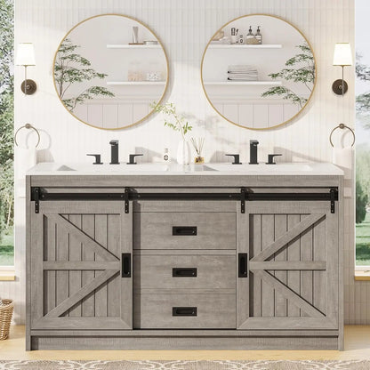 61" Farmhouse Double Bathroom Vanity w/Dual Basin Sink & Storage Cabinet
