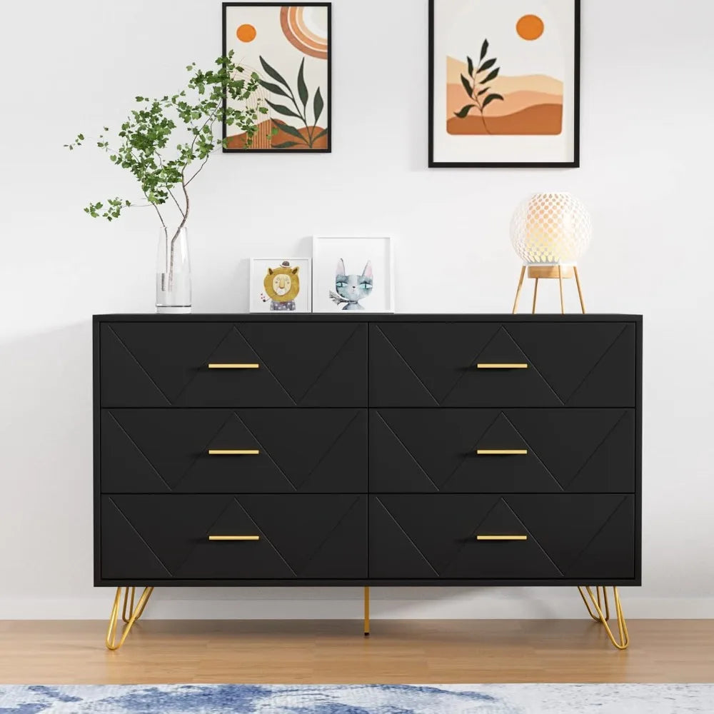 Modern Black Bedroom Set with 6-Drawer Dresser and Nightstands