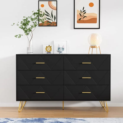 Modern Black Bedroom Set with 6-Drawer Dresser and Nightstands