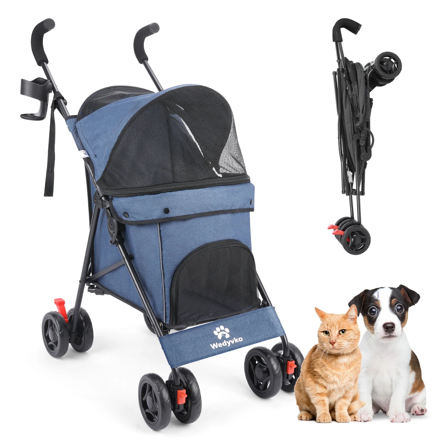 Pet Stroller 4 Wheel Stroller Rotate with Brakes & Storage