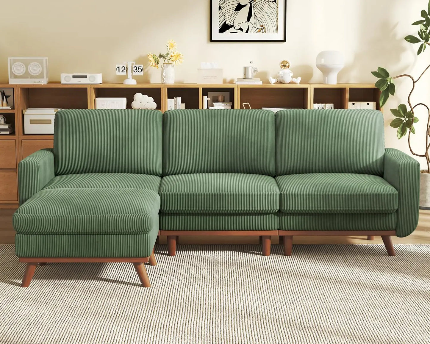 3-Seat Corduroy L-Shape Modular Sofa with Movable Ottoman,