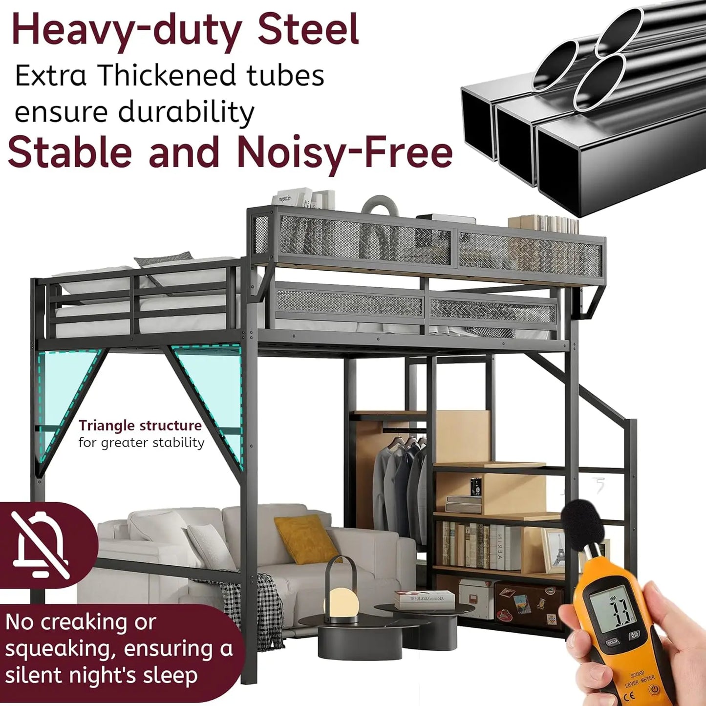 Full Size Metal Loft Bed w/Stairs, Shelf & Storage