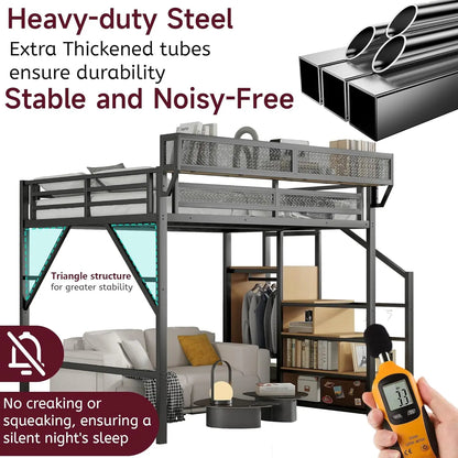 Full Size Metal Loft Bed w/Stairs, Shelf & Storage